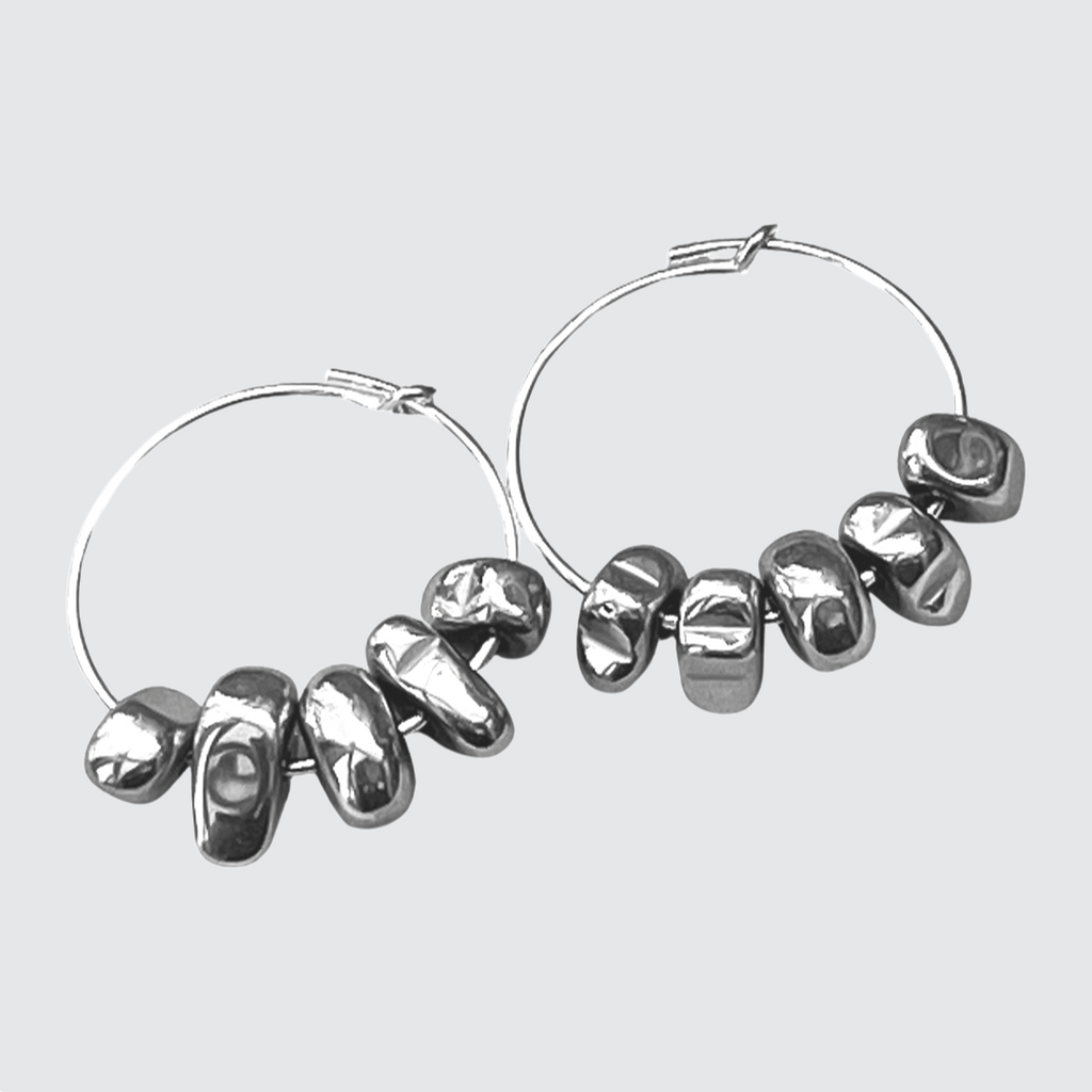 sterling silver hoop anxiety earrings with silver hematite charms