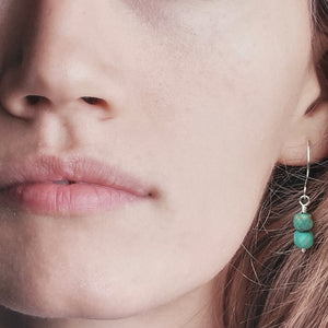 handmade sterling silver chrysocolla drop earrings in ears