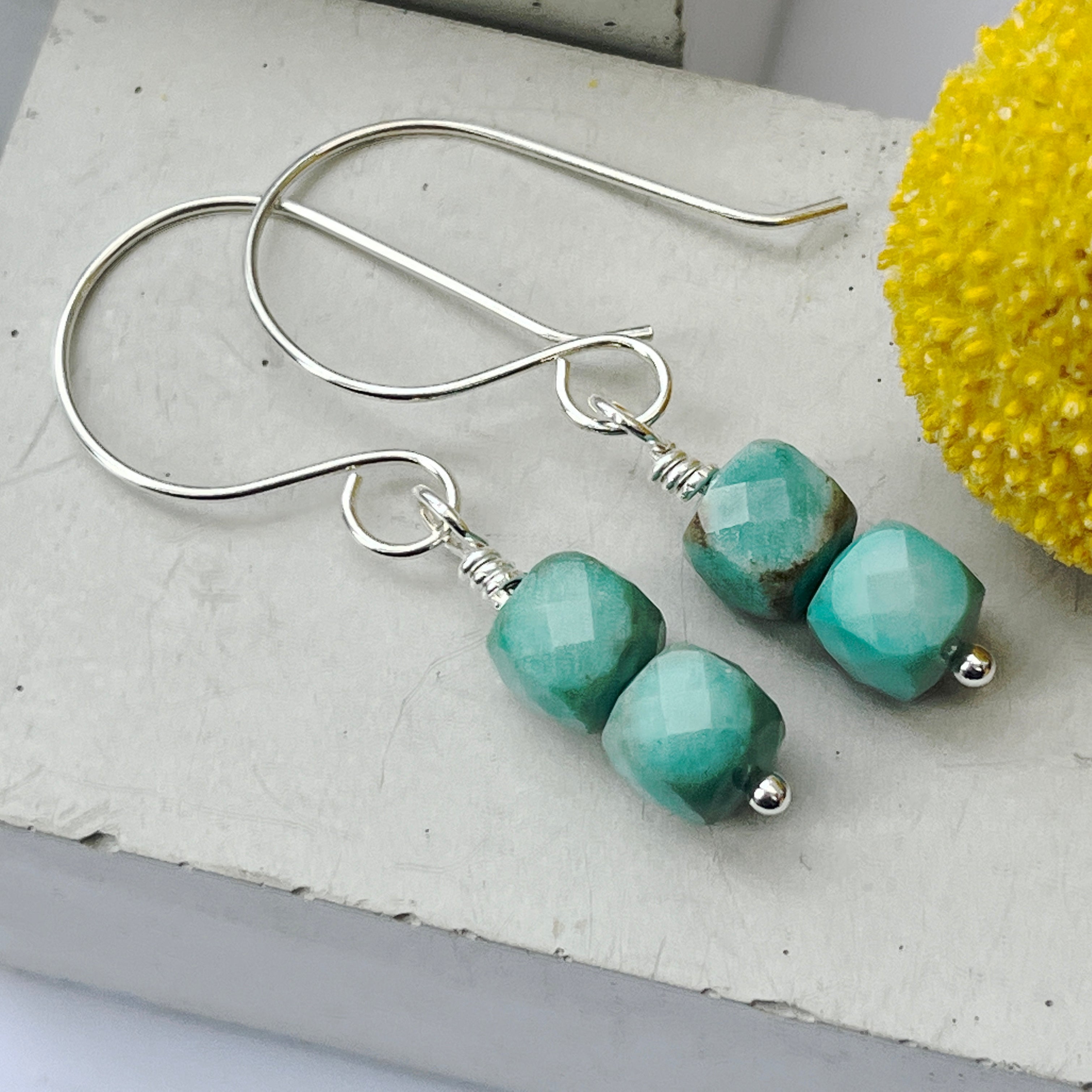 handmade sterling silver chrysocolla drop earrings flatlay