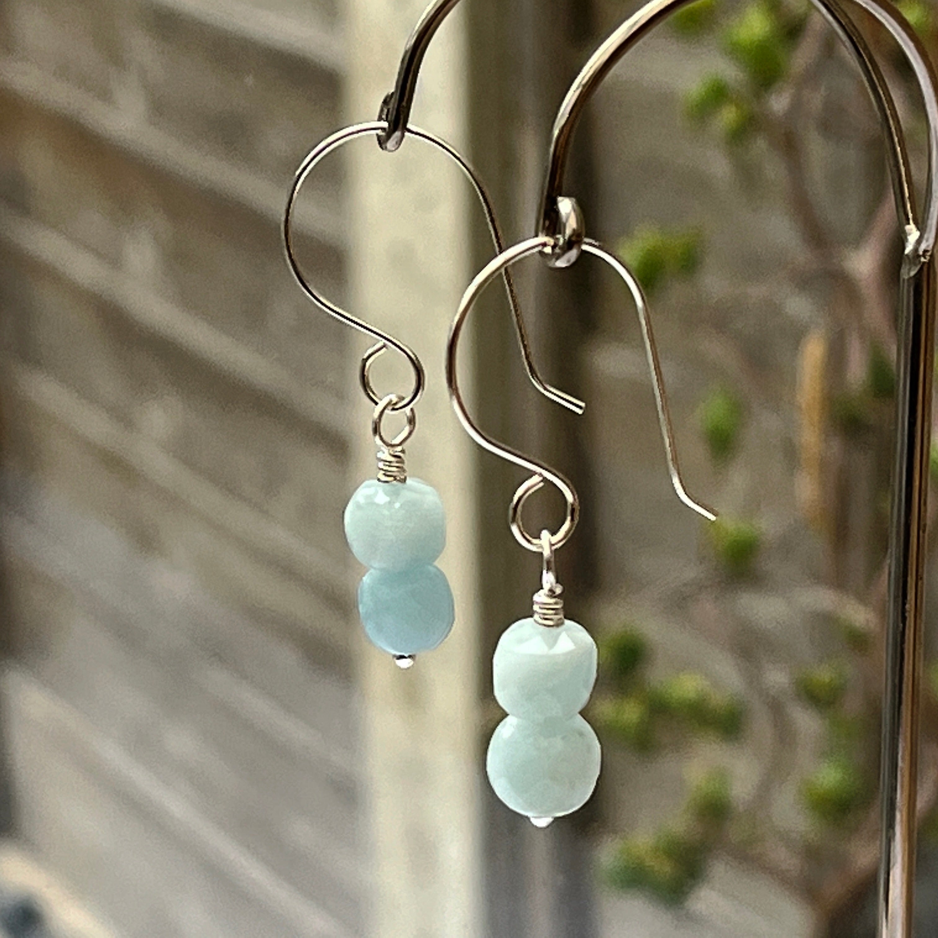 small handmade aquamarine gemstone drop earrings hang