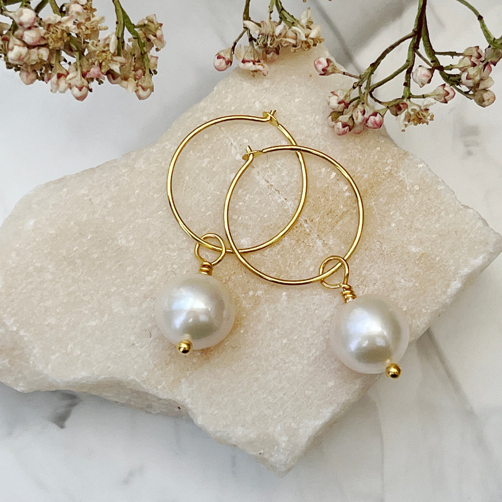 handmade gold vermeil real pearl hoop earrings scene