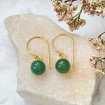 gold vermeil small drop earrings with aventurine green gemstones flatlay