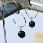 Sterling silver malachite handmade hoop earrings wire wrapped hanging