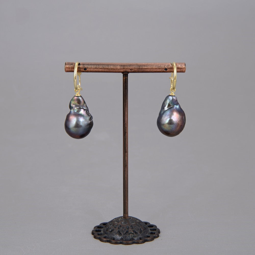 Black Keshi Pearl Hoop Earrings