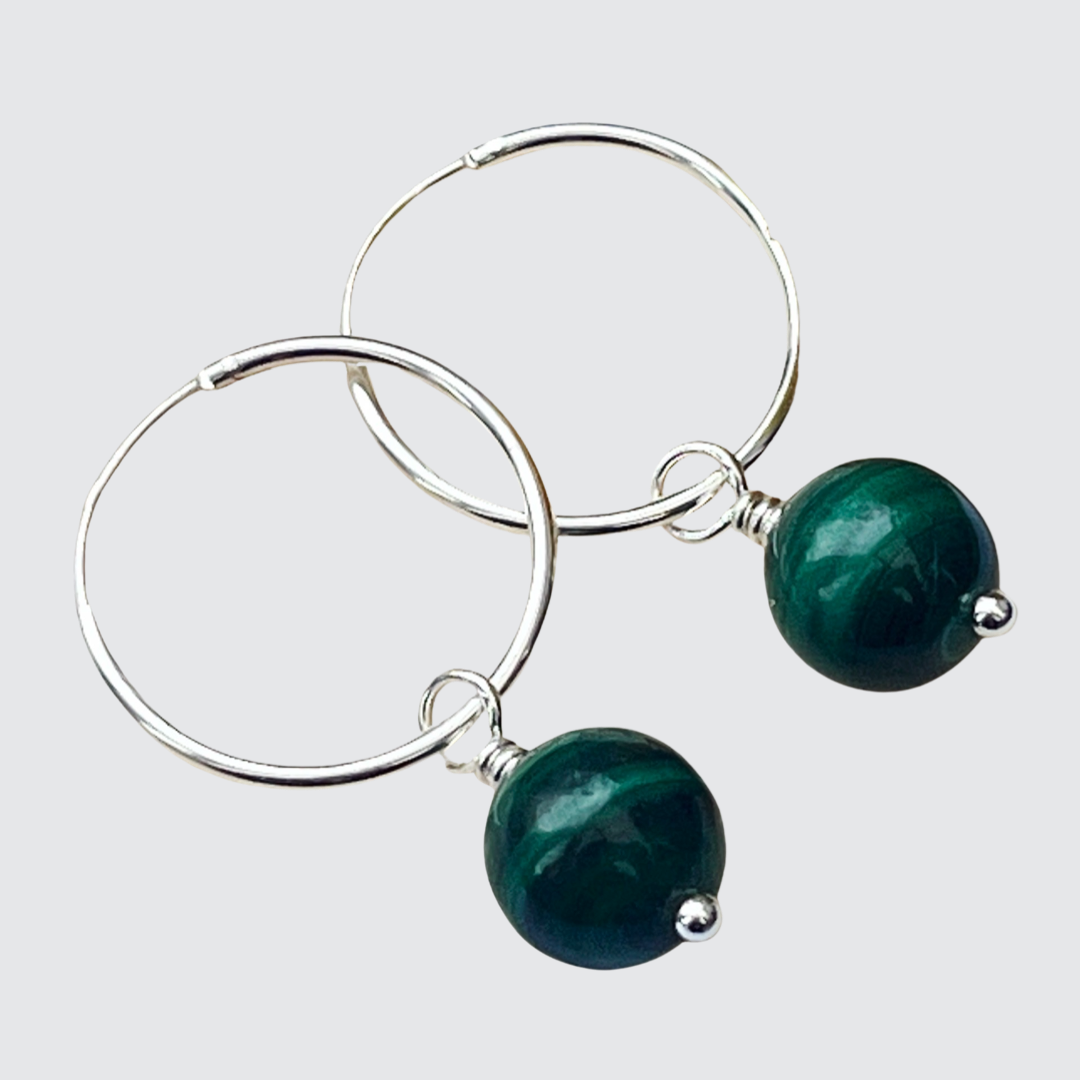 Sterling silver malachite handmade hoop earrings wire wrapped