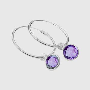 sterling silver hoops earrings with gemstone amethyst charm february birthstone