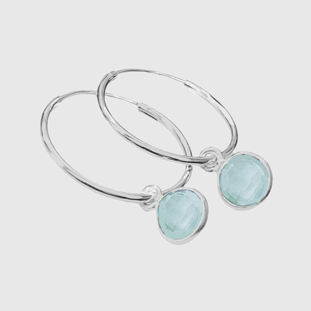 sterling silver hoops earrings with gemstone aquamarine  charm March birthstone